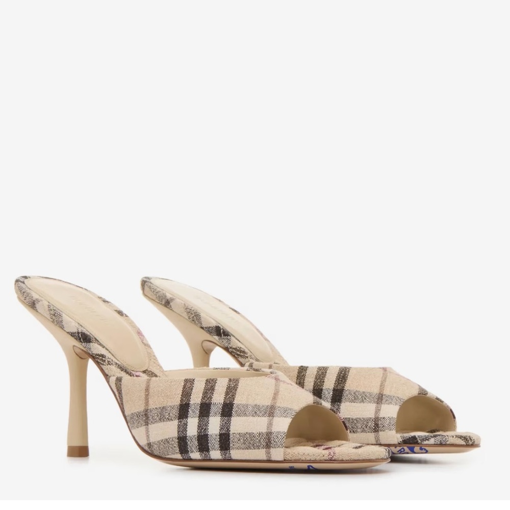 NEW Burberry Mews 90MM Check Linen-Blend Mules